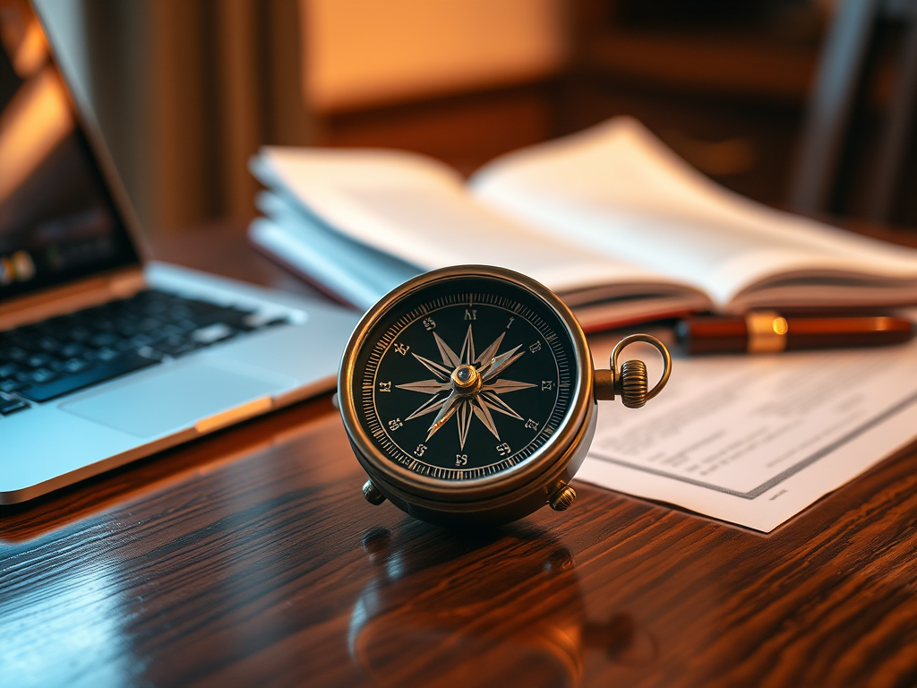 Compass on desk with computer and notebook